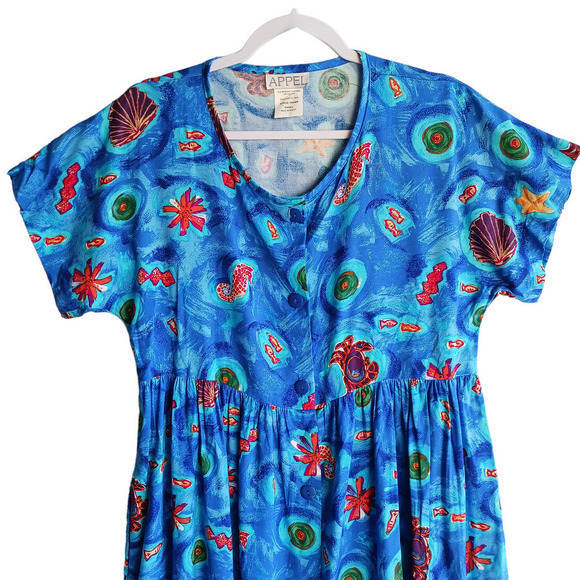 VINTAGE Appel House Midi Dress Womens Small Blue Button Front Fish‎ Coastal 90s - Picture 3 of 9